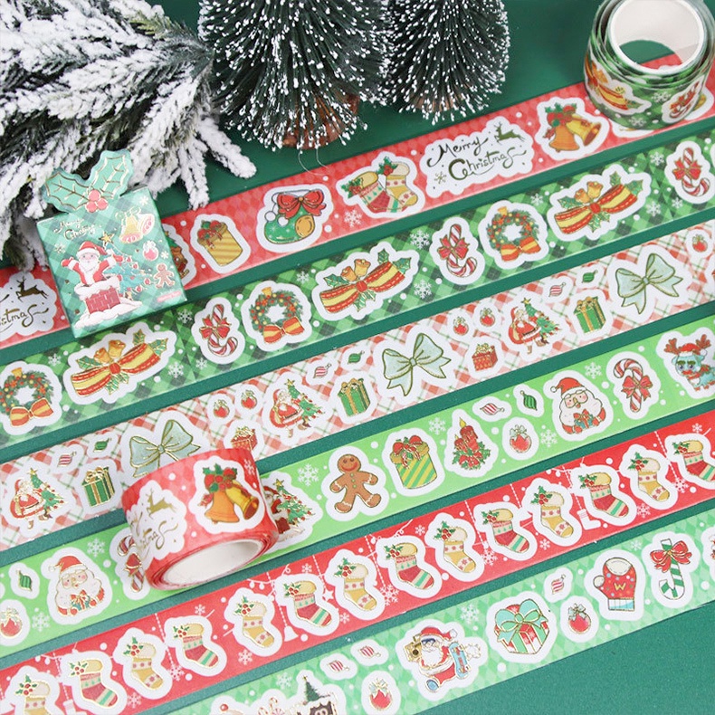 

Merry Christmas Roll Deco Stickers Stiker Selotip Tempel Kertas Dekorasi Tema Perayaan Natal Washi Tape Hias Warna Merah Hijau