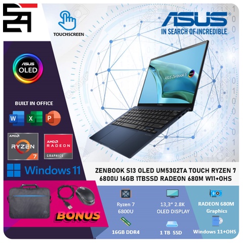 Asus Zenbook S13 Oled UM5302TA Touch Ryzen 7 6800U 16GB 1TB SSD Radeon 680M W11 OHS 13.3 Inchi 2.8K NPAD