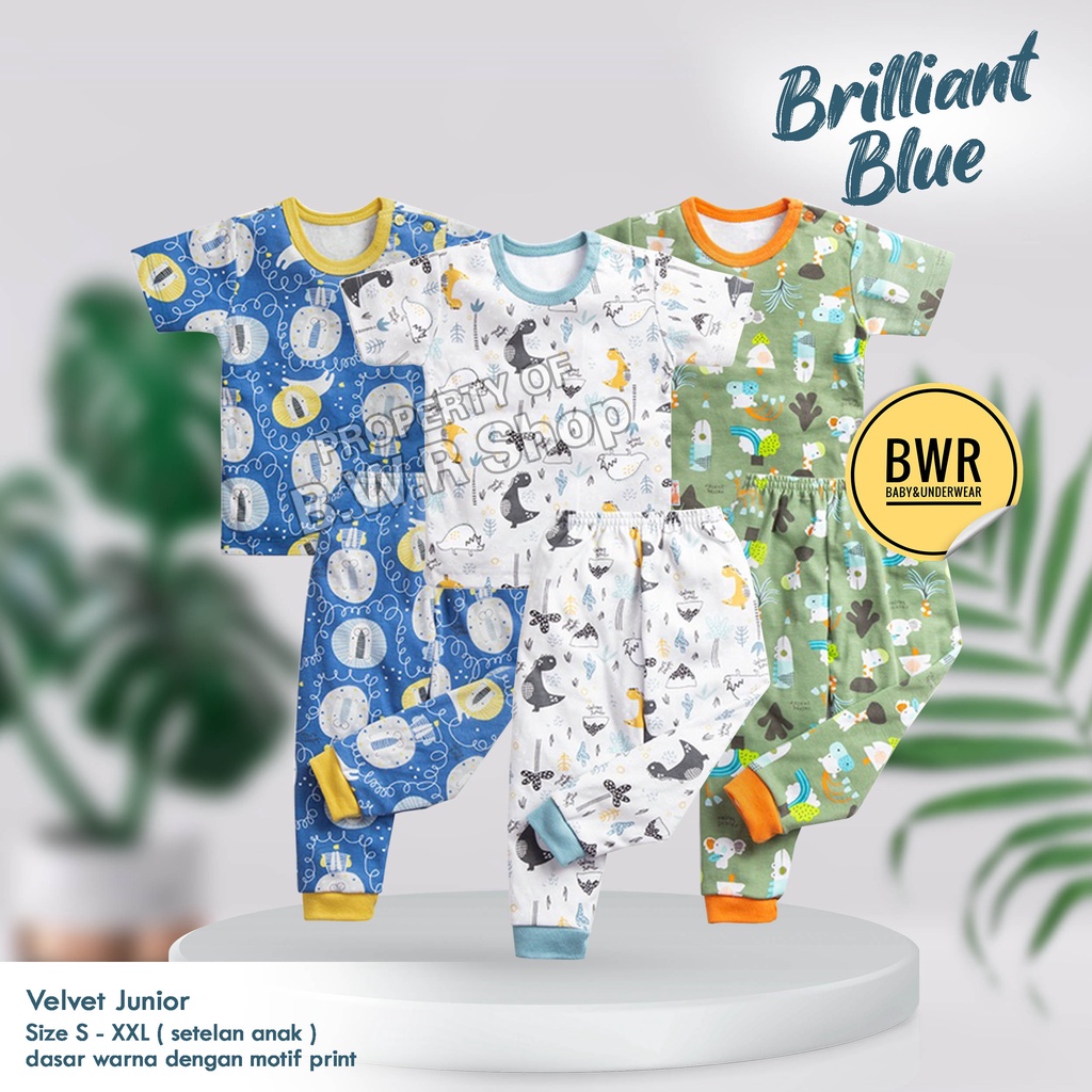 PROMO [ 3 Setel ] CPR Velvet Junior Parade Of Joy Brilliant Blue Terbaru / Setelan Piyama Baju Bayi Tidur Unisex Lengan Pendek | Bwr