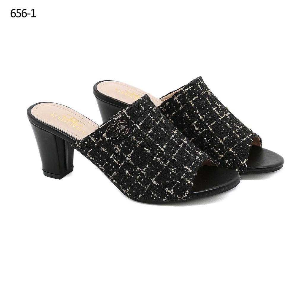 CH Tweed Logo CC Block Heels Sandals 656-1