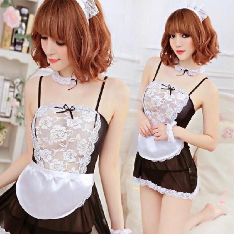 OliveShop ❤️ Lingerie Set Sexy Seksi Cosplay Pelayan Maid Renda Transparan Tanpa Stoking 1018