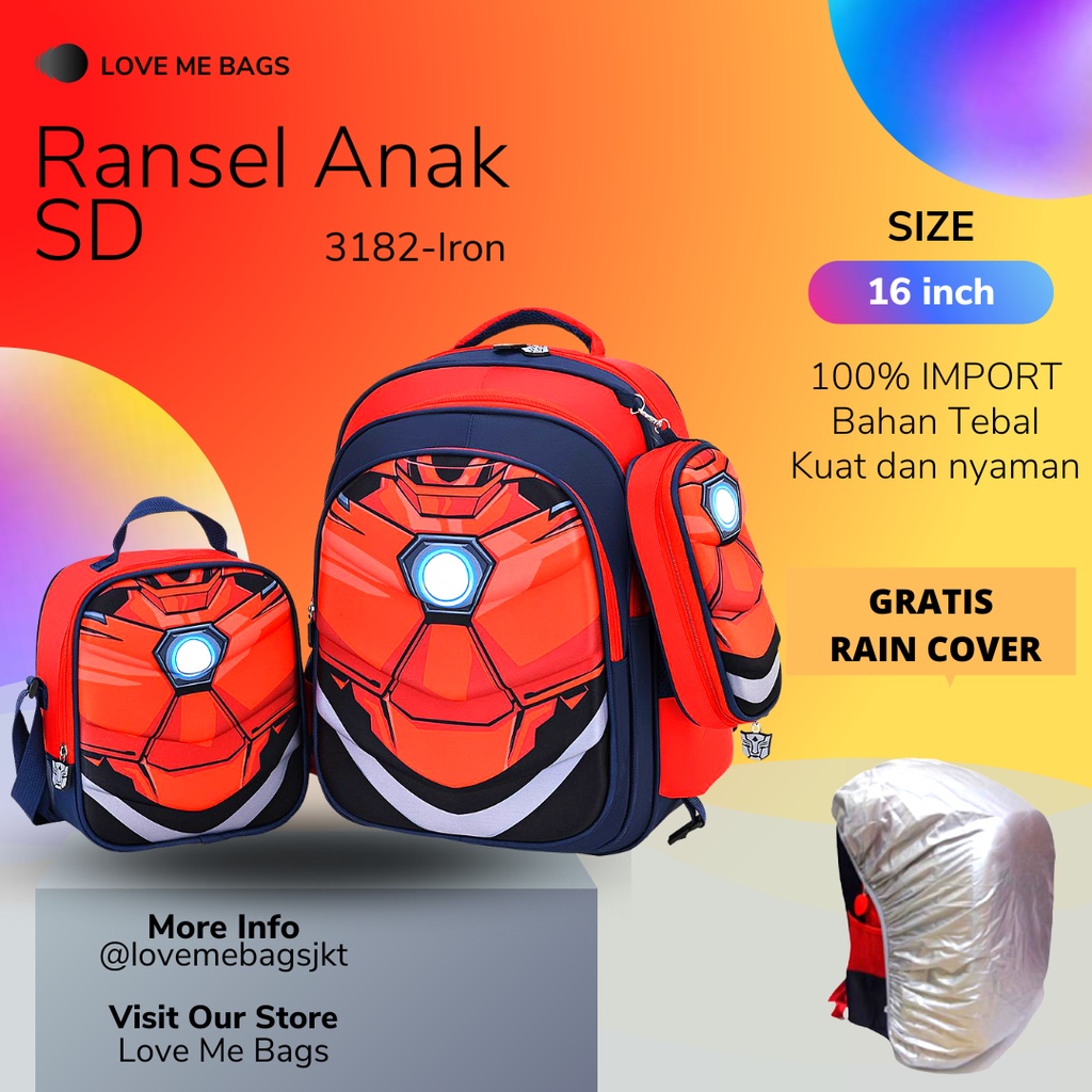 LMB Tas Sekolah Anak Laki Laki SD Import Set 3in1 Bahan Nilon Premium Bagian Depan Timbul 6D Tebal Dan Kuat