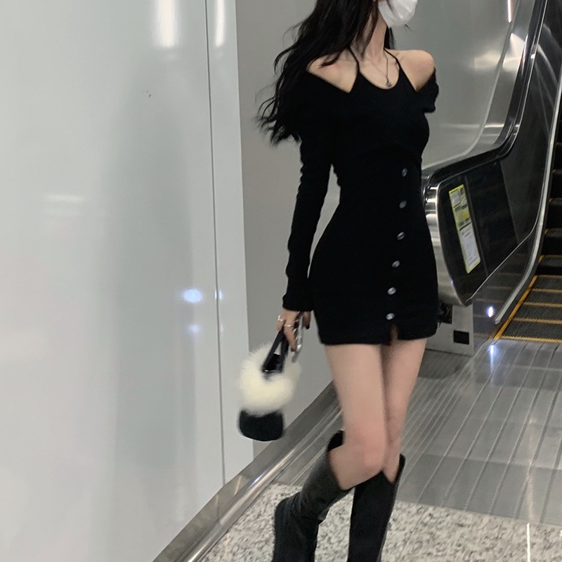 Suhao Pure Desire Hot Girl Fake Two-Piece Sling Dress 2022 Musim Gugur dan Musim Dingin Baru Slim Slim Ketat Rok Pinggul