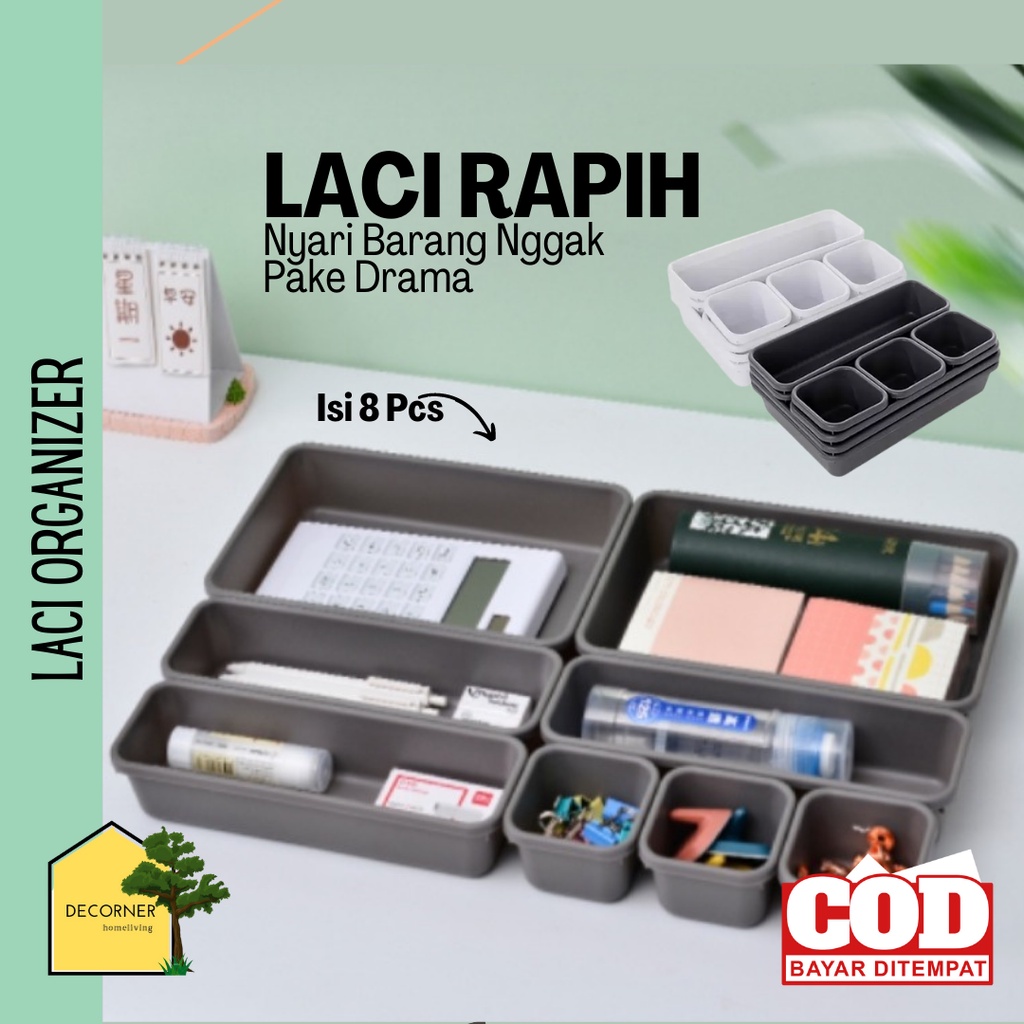 Kotak Laci Organizer 8 Pcs Tempat Pensil  Bros Kompartemen Sekat Laci Case Divider