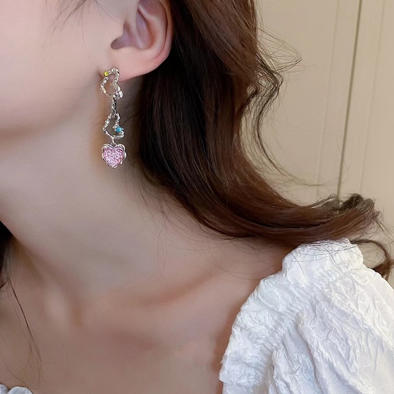 Anting Panjang S925 Silver Needle Bentuk Hati Tidak Teratur Bahan Zirkon Warna Pink Untuk Wanita