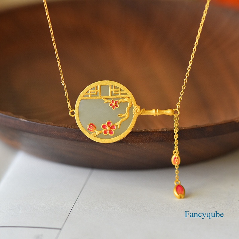 Fancyqube Kalung Liontin Enamel Porselen Bulat Gaya China Klasik Untuk Wanita