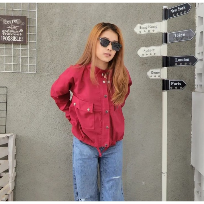 Sweater Jacket MAROON POCKIE Pakaian Outer Wanita Oversize Bahan Baby Kanvas Fashion Terkini Kasual OOTD Terbaru