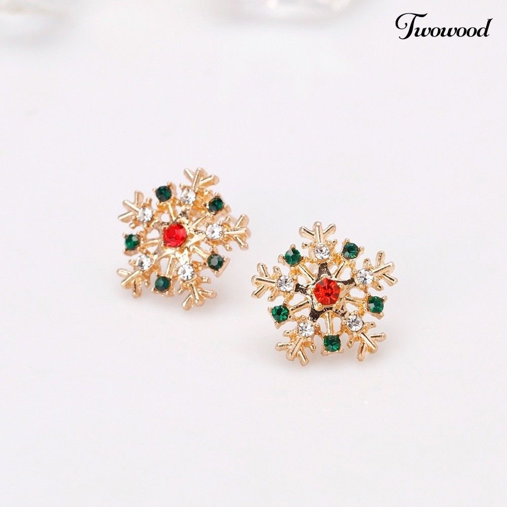 Anting Stud Desain Snowflake Natal Aksen Berlian Imitasi Untuk Wanita