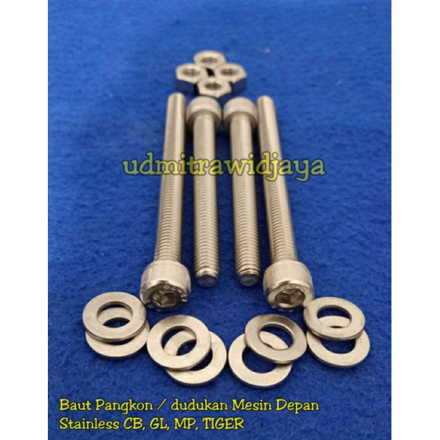 Baut L stainless SS Pangkon mesin depan Dudukan mesin CB, GL, MEGAPRO, TIGER 1set baut + mur + ring cod termurah baut asli tahan karat THE A2-70 baut pangkon mesin cnc honda cb herex gl100 glpro tiger megapro