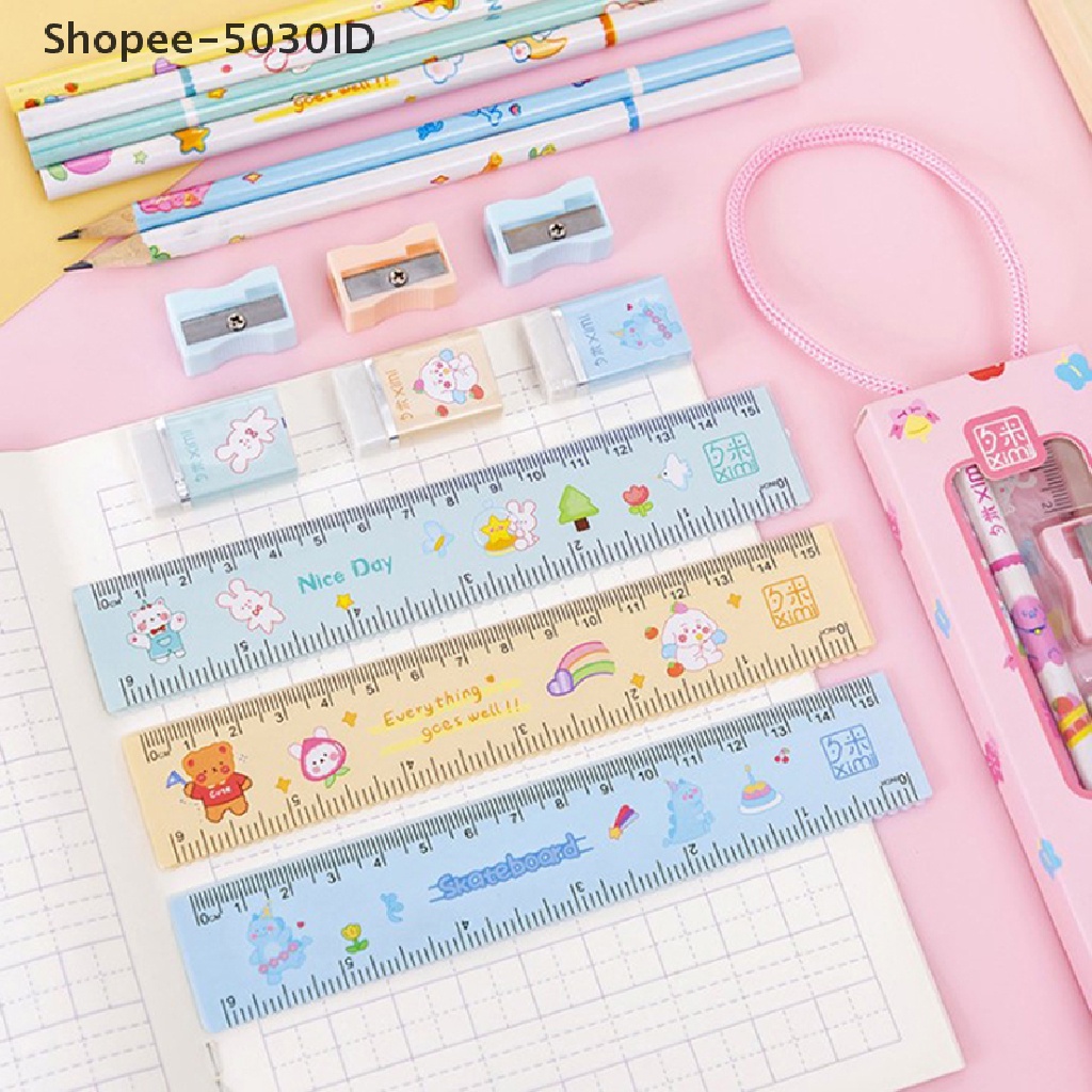 set Pensil + Penghapus + Penggaris + Rautan Motif Kartun Hewan Untuk stationery Anak / Sekolah / Hadiah