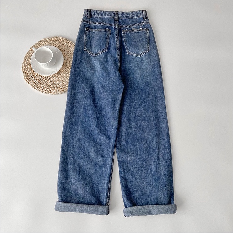 Biru laut Fashion Highwaist Loose Lebarkaki Celana Jeans Panjang Wanita （Realpict）