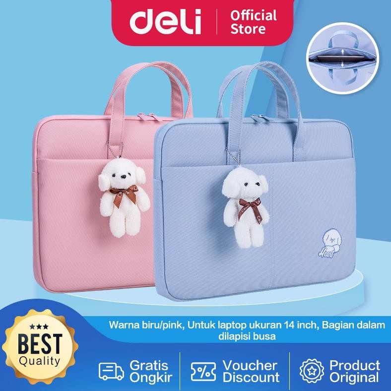 Tas Laptop Deli Terylene 14 inch Liontin Boneka Lucu Lapis Dalam Busa