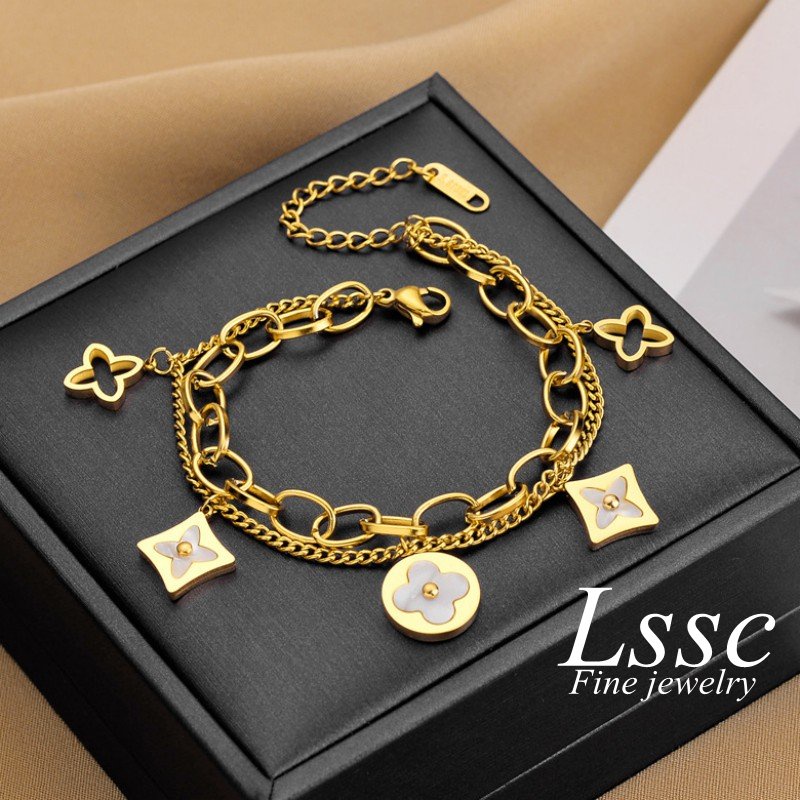 Gelang Titanium 2 Layer Bunga Keberuntungan Emas 18K Wanita Anti Karat Perhiasan Fashion Korea