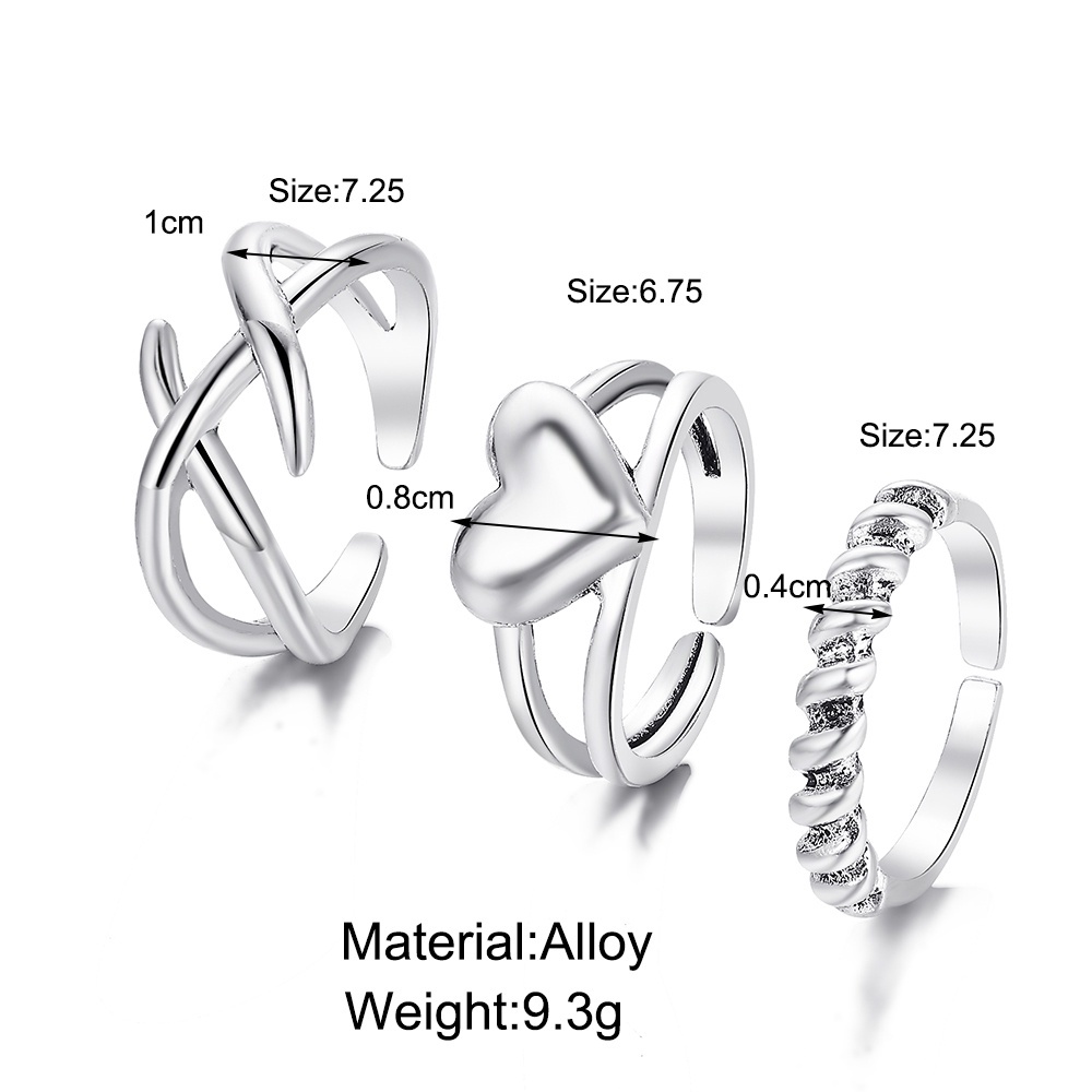 3pcs / Set Cincin Model Terbuka Desain Hati Silang Warna Silver Untuk Wanita