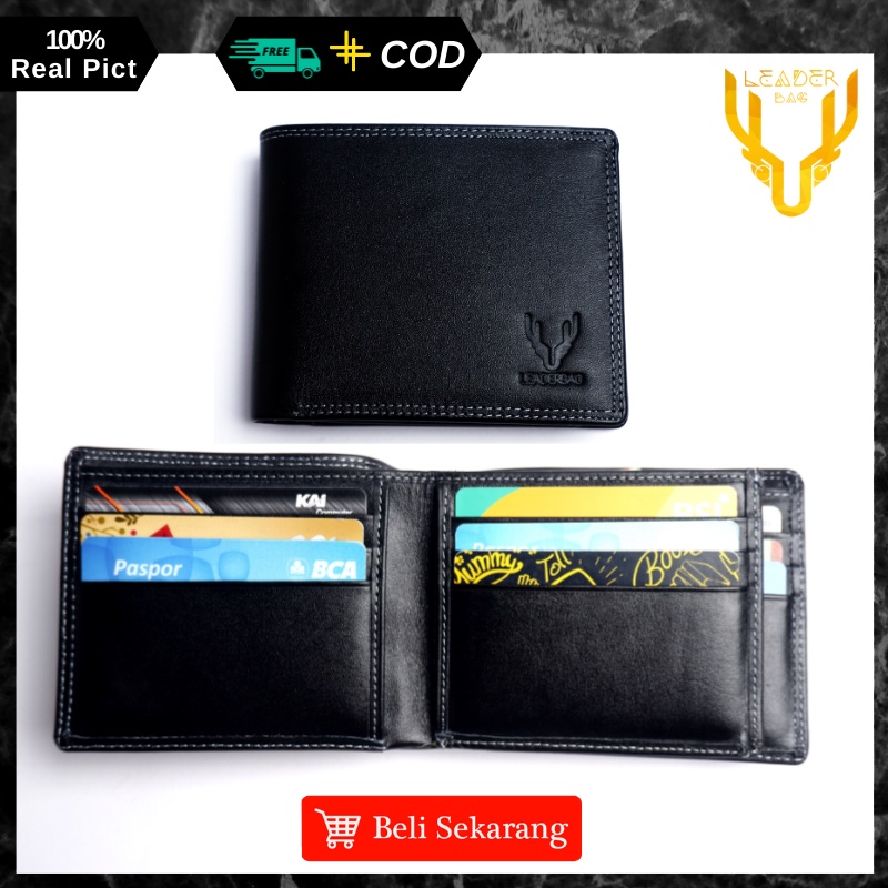 Dompet Pria Kulit Sapi Asli Warna Hitam Merk leaderbag Original Simpel Terbaru Dompet Pendek Lipat Cowok Keren Branded Asli Garut MINO E05