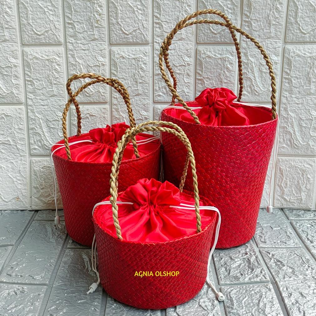 Keranjang Hampers Anyaman Pandan Isi 1 Toples | 2 Toples | 3 Toples (Merah) Tas Parcel Lebaran Box H