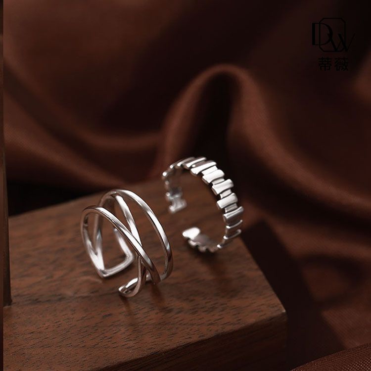 925 cincin salib perak wanita ins sederhana ceruk yang dapat disesuaikan cincin jari telunjuk cincin trendi kepribadian bergaris berkualitas tinggi