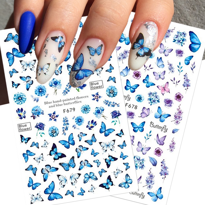 Stiker Kuku 3D Motif Bunga / Daun / Kupu-Kupu Warna Biru Untuk Dekorasi Manicure DIY