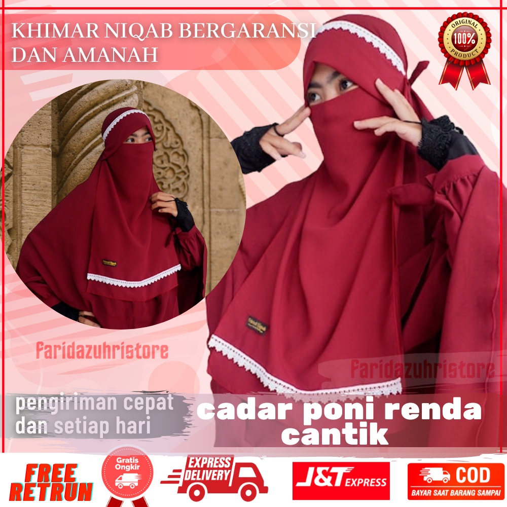 Cadar Niqab Yaman Long Poni Full Down Kancing Sifon Silk Premium Ori Saudi Cadar Tali Poni Renda Ter