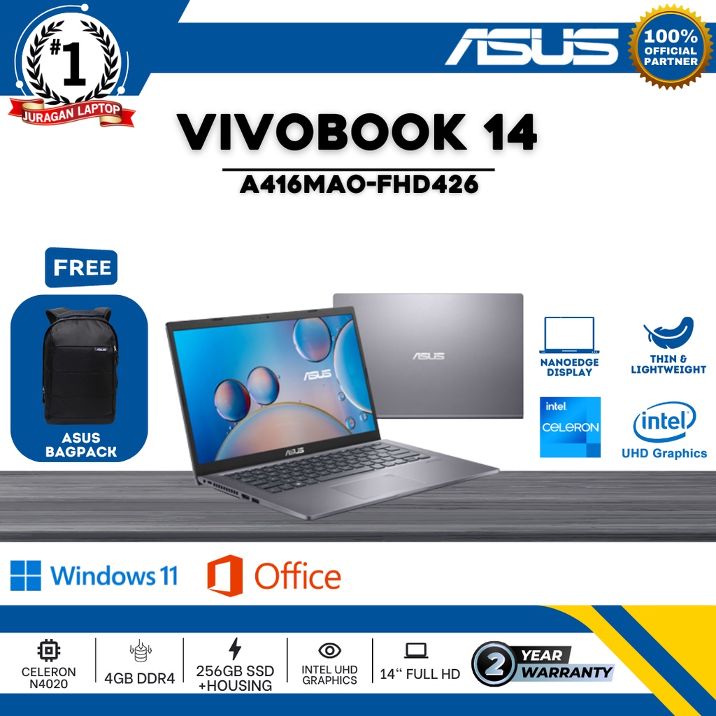 LAPTOP ASUS VIVOBOOK 14 A416MAO-FHD426 | N4020 4GB 256GB UHD W11+OHS21