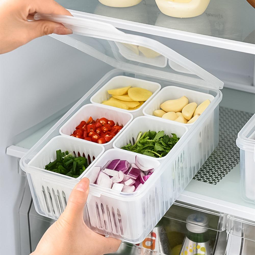 R-FLOWER Garlic Fresh-keeping Box Transparan Multi-Fungsi Kulkas Freezer Organizers Drain Storage Box Sealing Kotak Penyimpanan Makanan Kotak Sayur Dengan Penutup