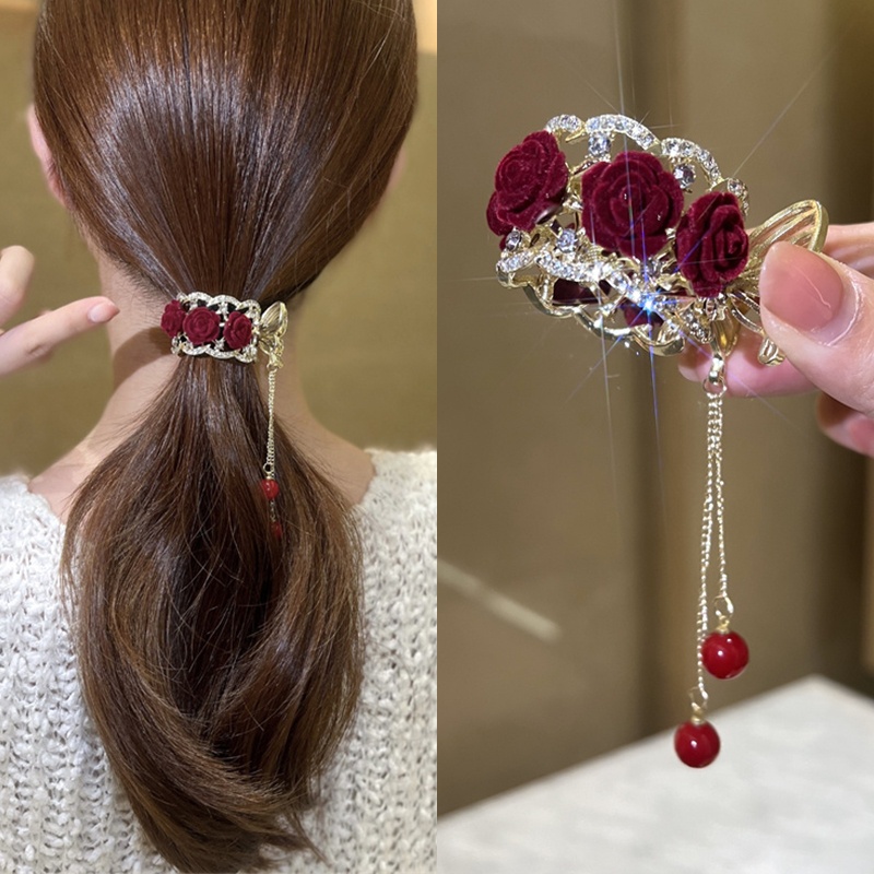 Aksesoris Jepit Rambut Ponytail Bahan Alloy Aksen Mutiara Berlian Imitasi Untuk Wanita