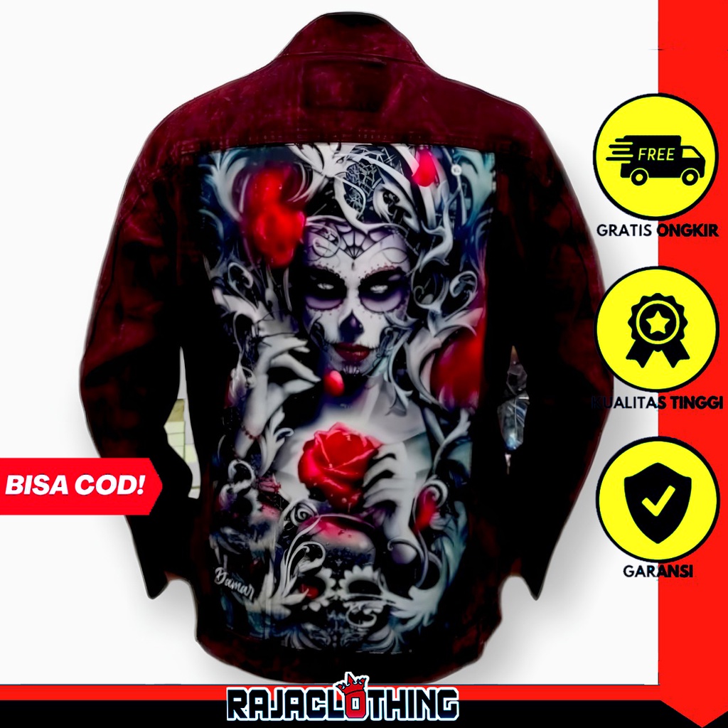 RCL - Jaket Jeans Printing Sanwash Maroon Gambar Ghost Flower