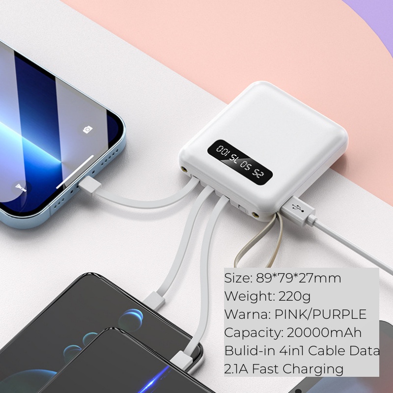 Power Bank 20000mAh Mini Powerbank Fast Charging with 4in1 Kabel Data Real Capacity 4 Output 3 Input Tipe C Micro Lightning USB LED Display