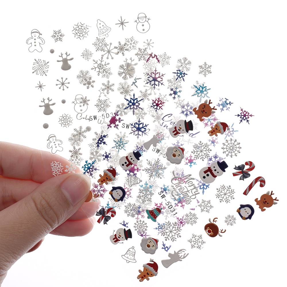 1 Lembar Stiker Nail Art Desain Snowman Snowflake Rusa Natal 5D Untuk Dekorasi Manicure