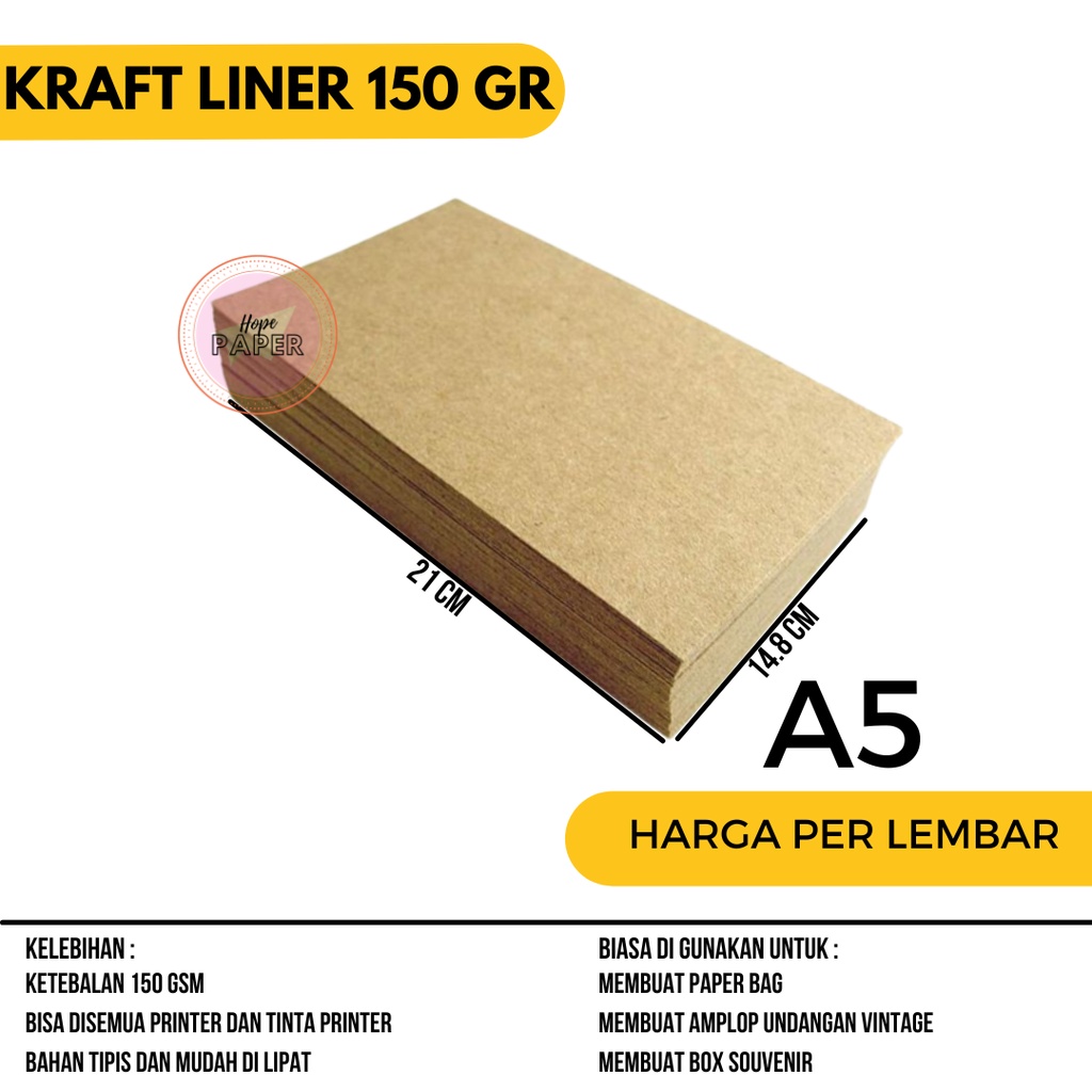 

Kertas Kraft A5 Liner 150 gsm isi 1 lembar / Kertas Bahan Paper Bag / Kertas Paper Bag