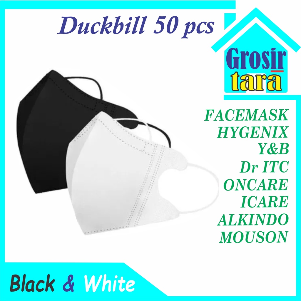 MASKER DUCKBILL PUTIH HITAM BLACK WHITE YNB Y&amp;B isi 50pcs mouson alkindo Earloop Disposable facemask isi 50 pcs