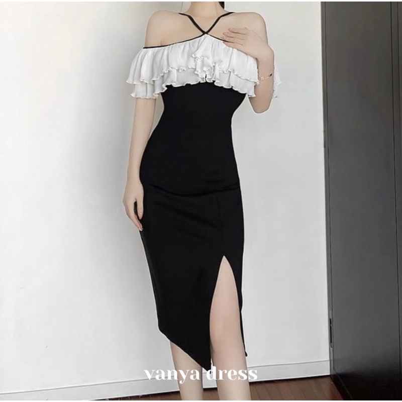 Vanya Dress - Maxi Dress Panjang Hitam Putih Renda Sabrina Formal Casual Summer Import Korea