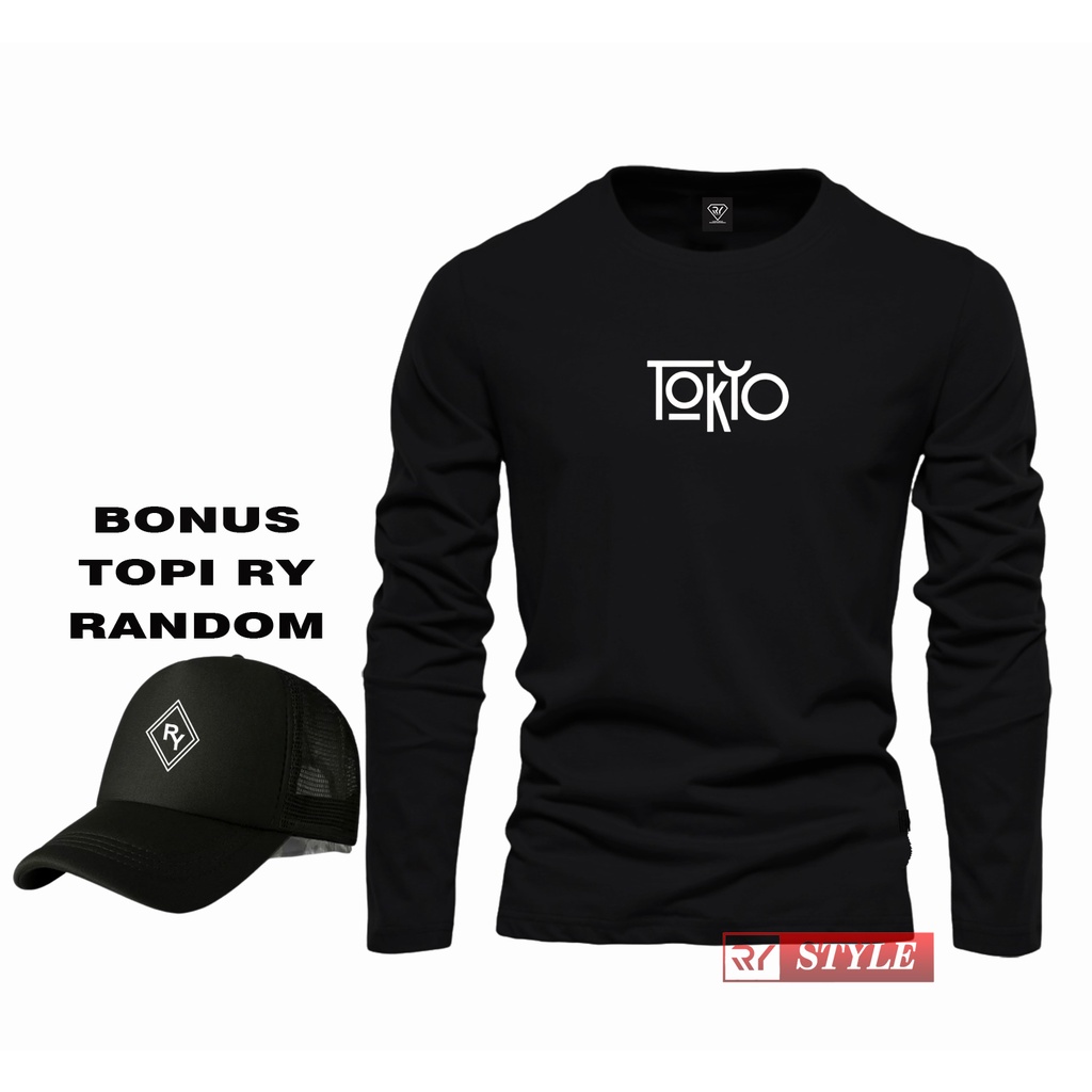 BONUS TOPI..! Kaos Lengan Panjang Tokyo Motif Putih + Topi Random / Kaos Pria / kaos Polos