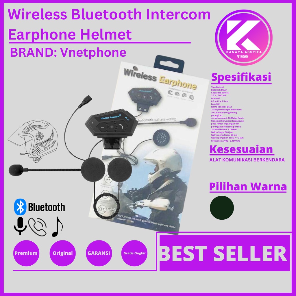 Vnetphone Alat Komunikasi Intercom Headset Bluetooth Helm Motorcycle Anti Interference - BT-12