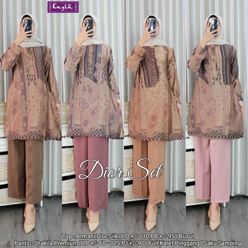 SETELAN WANITA DIOR SET BAHAN ARMANI DIOR SILK LD 110 BUSUI CELANA SHAKILA PREMIUM FULL KARWT BY KAY