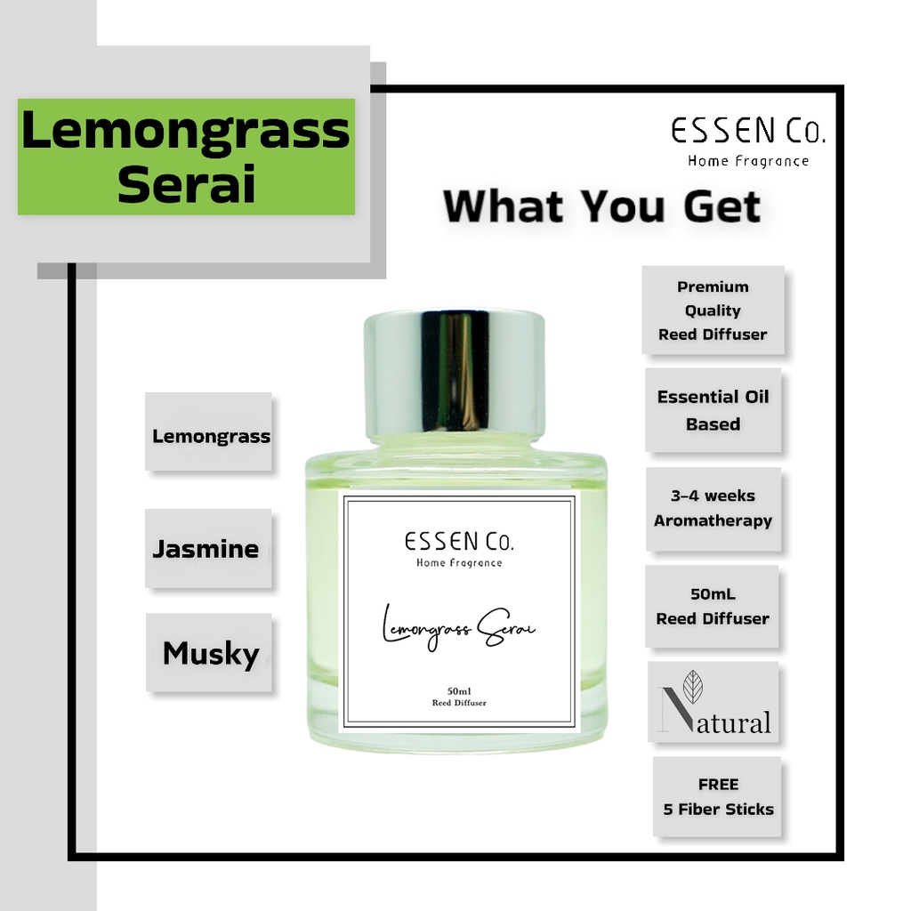 Essen Co Reed Diffuser Lemongrass Serai Aromatherapy Pengharum Pewangi Ruangan Aromaterapi Sereh 50ml