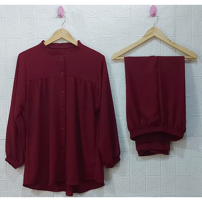 ONE SET RAYON CRINKLE AIRFLOW SETELAN // SETELAN RAYON CRINKLE AIRFLOW// DRESS RAYON // SETELAN RAYON  //BUSUI FRIENDLY//PIYAMA//PREMIUM//HOMEY//BUSUI-Maroon