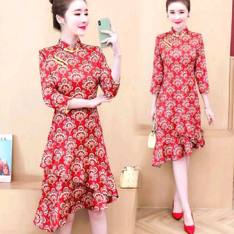 0996 Baju dress CNY CHEONGSAM Chinese new year Imlek dres gaun Korea Korean style natal merah premiu