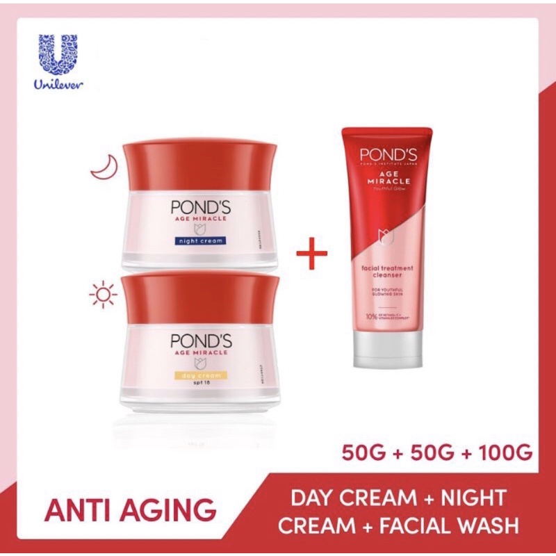 Ponds Age Miracle Day 50 Gr &amp; Night Cream 50 Gr + Facial Foam 100 Ml