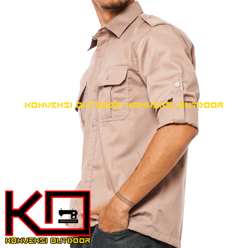 BAJU KEMEJA PDL LAPANGAN OUTDOOR INDOOR PRIA LENGAN PANJANG - Seragam Kerja Kantor Group Kemeja Lapangan Outdoor Gunung Taktikal Comunitas Kemeja Dinas PDH PNS Cargo Safari Paspampres Security Satpam Tactical Americand Drill American America - Warna Khaki