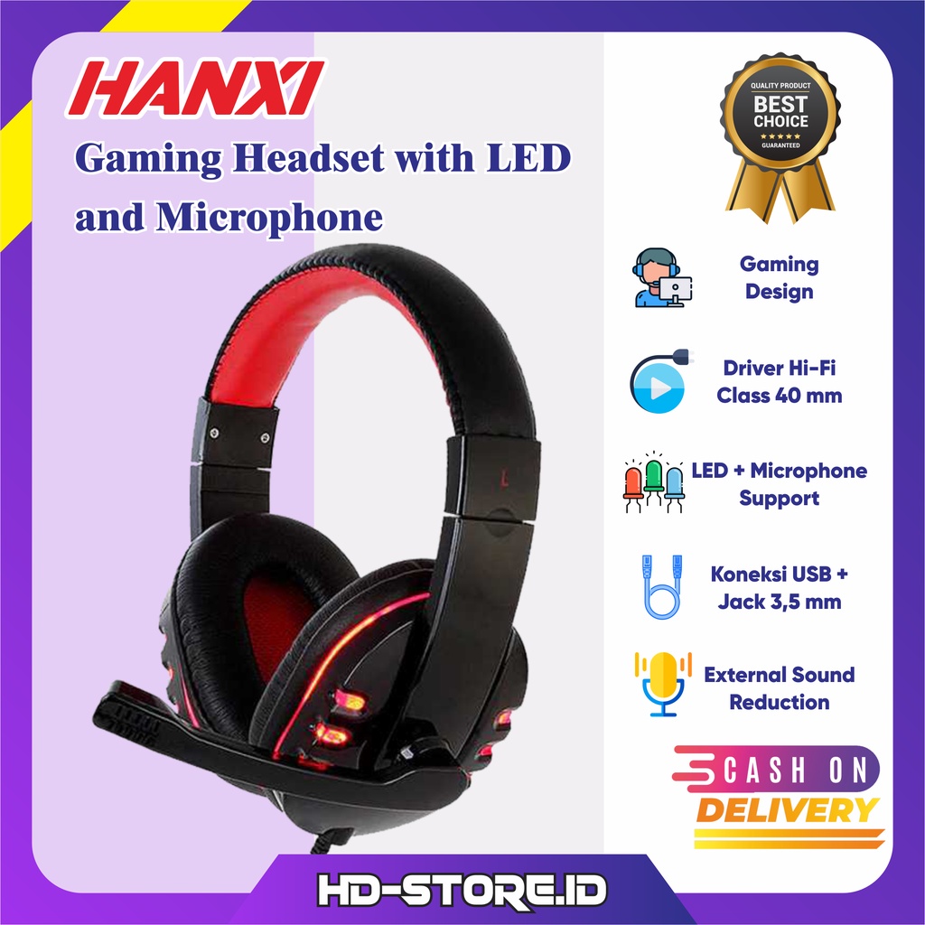 HANXI Headset Gaming With Mic Headphone Premium Hedset Game LED Support Wired Type USB + 3,5 mm Deng