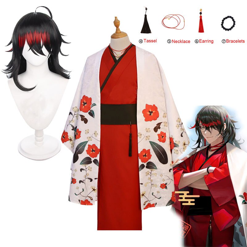 Nijisanji Vtuber Vox Akuma Cosplay Wig New Year 2022 Luxiem Japanese Clothes Daddy Unisex Kimono Sets and Accessories