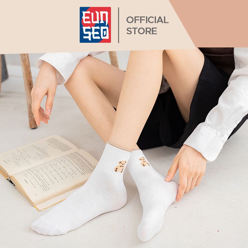 EUNSEO Kaos Kaki Wanita Panjang Motif Teddy Bear Kaos Kaki Diatas Mata Kaki Import Quality