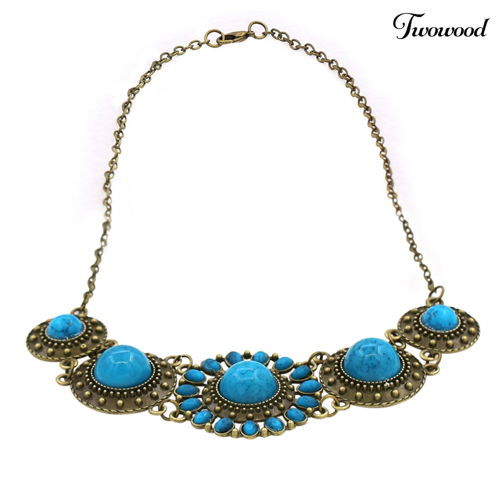 Kalung Liontin Batu Turquoise Biru Bentuk Bulat Gaya Vintage Bohemian Untuk Wanita