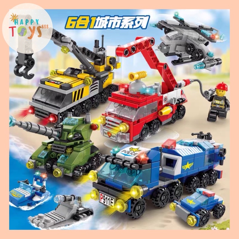 HAPPYTOYS.888 #A54 MAINAN BALOK MODEL 6 IN 1 POLICE / CONSTRUCTION / FIRE BRIGATE / MINI GARDEN / MAINAN ANAK LAKI