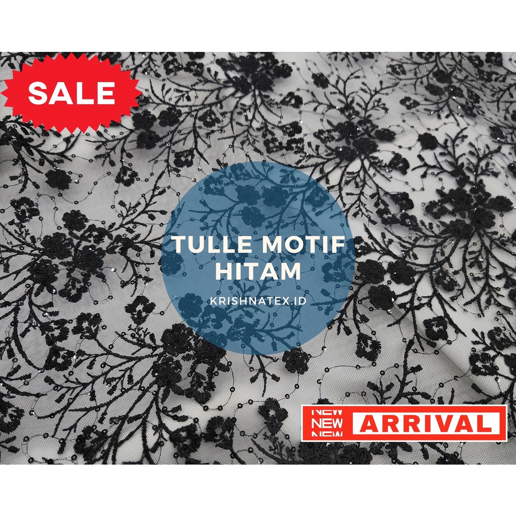 Kain Bahan Brukat Tulle Tille Tile Tule motif warna hitam serba hitam black sequin sequence bordir e