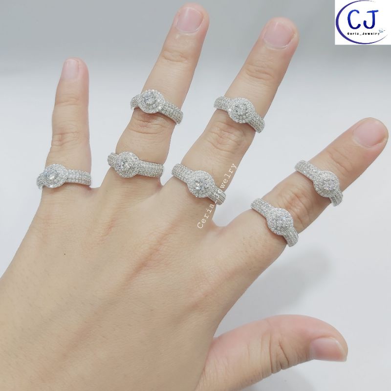 Cincin Perak Asli Silver Wanita 925 Lapis Emas Putih Model Bulat Permata Keliling Permata Samping - Perhiasan Perak Asli Silver