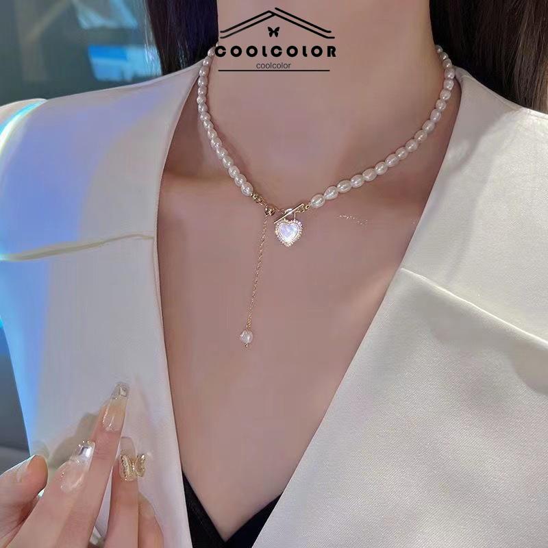 COD❤️Kalung Rantai Klavikula Ganda Liontin Hati Tulip Minyak Mutiara Gaya Korea Elegan Untuk Aksesoris Perhiasan- cl