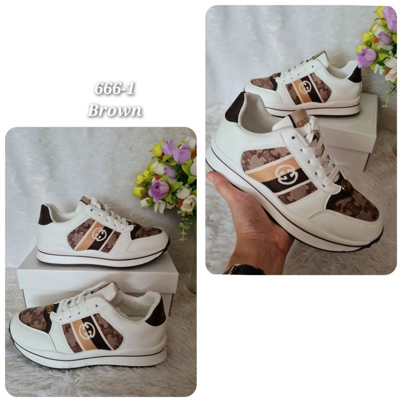 SEPATU WANITA WEDGES IMPORT FASHION GG KULIT-KANVAS KODE : 666 Brown KoDE: 666-1 White