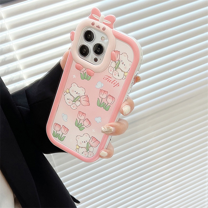 Soft Case Silikon Motif Beruang / Bunga Pink Untuk iPhone 14 13 12 11 Pro Max X Xr Xs Max 7 8 6 6s Plus